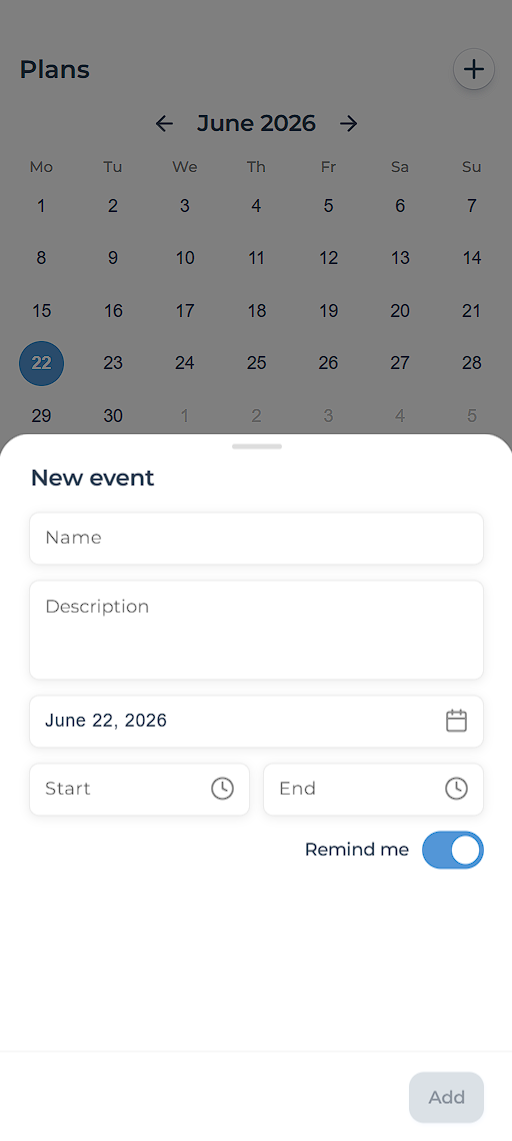 SyncUs plans and reminders screen